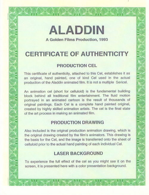 ALADDIN Production Cel + Drawing und COA